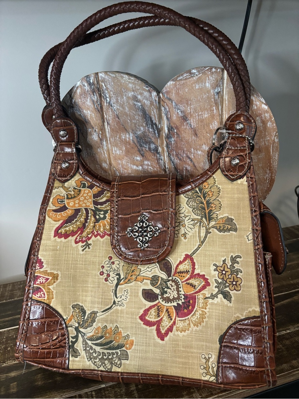 Rosetti Brown Floral Canvas Tote with Croc-Trim